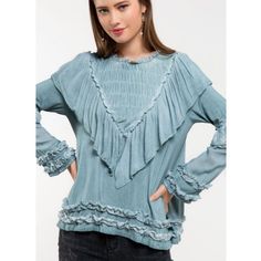 Pol Flowy Long Sleeve Ruffled Top With Tiered Lace Detail And Keyhole Button On Back. Sizes Small, Medium, Large Available New Without Tags Blue Top With Ruffle Hem And Sleeves, Blue Tops With Ruffle Hem And Ruffle Sleeves, Blue Blouse With Ruffled Collar And Details, Trendy Blue Tops With Ruffles, Trendy Blue Ruffled Tops, Casual Blue Top With Ruffled Collar, Blue Ruffled Collar Blouse For Fall, Casual Blue Tops With Ruffled Collar, Trendy Blue Blouse With Ruffle Sleeves