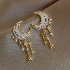 Nwt-Half-Moon Star Tassel Earrings *Pierced *Stud Style *Gold Plated *Rhinestone Crystals *White Enamel Paint *1” X 0.5” (Approximately) *Note Flaw In Paint On 1 Earring *Smoke Free And Pet Friendly Home Moon Stud Earrings, Small Stars, Korean Earrings, Moon And Star Earrings, Moon Studs, Stud Style, Gold Moon, Crystal Stars, American Diamond