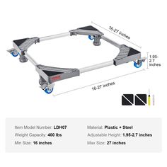 a diagram showing the height and width of a bed frame with two wheels on each side