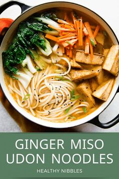 ginger miso udon noodle soup with carrots, kale and tofu