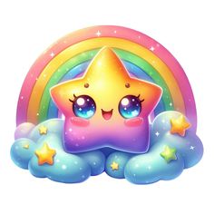 a cartoon star sitting on top of a cloud with a rainbow in the sky behind it