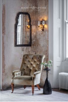 A statement, hand carved mirror in a classic room setting. London Interior Design, Handmade Chair, Classic Interiors, Sofa Handmade