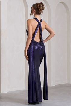 Dare to dream in our purple maxi dress, Lost. Designed in a premium metallic jersey that sets the sparkle standard at your next event, this style was made for maximum impact. Featuring a plunging cut-out, halter neckline and eye-catching twisted knot detail, what transcends this maxi is its alluring open-back highlighted by double draping. Try styling this metallic maxi with some strappy stilettos for a striking black tie look.  Features - Premium stretch metallic jersey- Halter neckline - Plunge cut out- Twisted knot detail- Open back- Double drape detail- Partial ruching- High-leg split- Maxi length Sizing & Fit Model is 5'7" and wears UK size 8 / US size 4 Product Information Designed exclusively by Club L London Double layered with good stretch Premium metallic jersey in Blackberry Jam Dress With Drape, Purple Maxi Dress, Purple Maxi, Dare To Dream, Leg Split, Purple Metallic, Black Dress Prom, Black Tie Gala, Strappy Stilettos