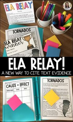 an open book with the words ela relay next to it and some colored papers