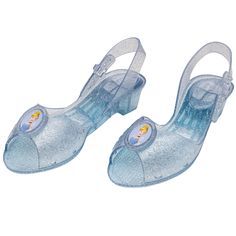 a pair of clear shoes with disney characters on the toes and one shoe has an open toe