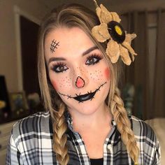 Kids Scarecrow Makeup Girl, Girls Scarecrow Makeup, Cute Scarecrow Hairstyles, Scarecrow Custome Ideas, Mom Scarecrow Costume, Diy Adult Scarecrow Costume, Woman Scarecrow Makeup, Scarecrow Face Painting Ideas, Men Scarecrow Makeup