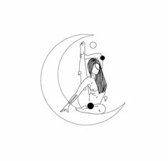 a drawing of a woman sitting on the moon holding a tennis racket in her hand