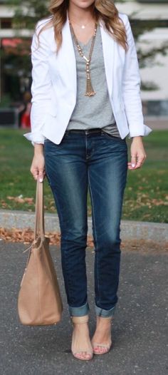 Demin Jacket, White Denim Jacket, White Blazer, Casual Fall Outfits, Outfit Casual