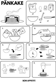 instructions to make pancakes for kids with pictures on the side and below it, in black and white