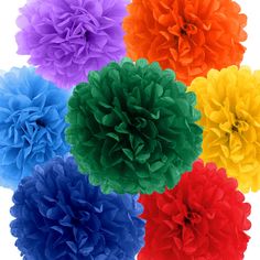 six different colors of tissue pom poms