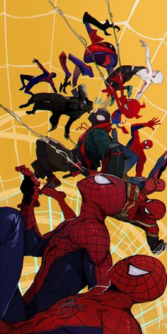 a group of spider - man flying through the air in front of a yellow background