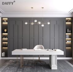 a white table sitting in the middle of a room next to a book shelf filled with books