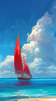 a painting of a red sailboat in the ocean on a sunny day with blue sky and clouds