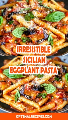 two plates filled with pasta covered in tomato sauce and basil leaf garnishes