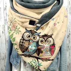 Women's Casual Warm Owl Print Triangle Scarf - 100% Polyester, Elastic, Windproof - Decorative Animal Pattern Shawl Wrap for Weekend Wear Owl Pattern, Triangle Shawls, Owl Print, Weekend Wear, Square Scarf, Neck Warmer, Embroidered Lace