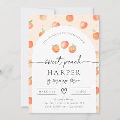 an orange and white card with the words sweet peach harper on it's front