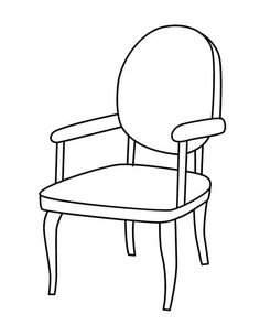 a line drawing of a chair with arms and legs, viewed from the front view