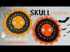 two crocheted halloween coasters with skulls on them and bats in the background