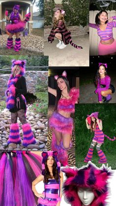 a collage of photos with different costumes and hair colors, including pink, purple, and black