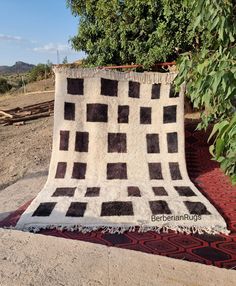 a black and white blanket sitting on top of a red rug next to a tree