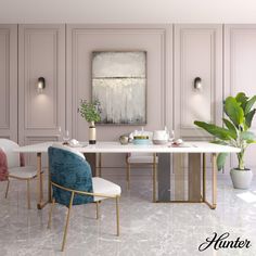 an elegant dining room with pink walls and white marble table surrounded by blue velvet chairs