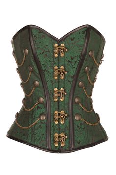 Green Waist Taming Steampunk Corset With Chains Luxury Green Corset For Women, Steampunk Overbust Corset With Corset Back, Luxury Green Corset, Fitted Gothic Green Corset, Black Fitted Steampunk Corset, Body Shaper Corset, Green Corset, Corset Costumes, Pagan Wedding