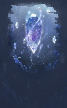 an image of a diamond in the middle of some blue and purple water with bubbles around it