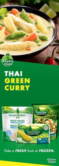 an advertisement for thai green curry with vegetables