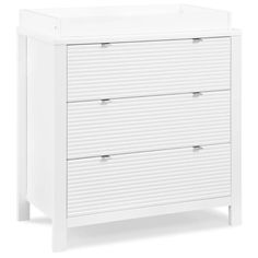 a white dresser with three drawers and two doors on the bottom, in front of a white background