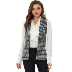 Wear it over a simple blouse with matching straight leg pants for a fresh and classy look that will take you from desk to date with ease. This retro plaid long vest is perfect for the business casual look for travel and work. Easy-match item, match well with casual blouse, also ripped jeans, high heels and chain bags for a chic look. Sleeveless Blazer Vest, Sleeveless Trench Coat, Sleeveless Trench, Bow Tie Shirt, Tweed Vest, Sleeveless Blazer, Work Blazer, Suede Blazer, Blazer Jackets For Women