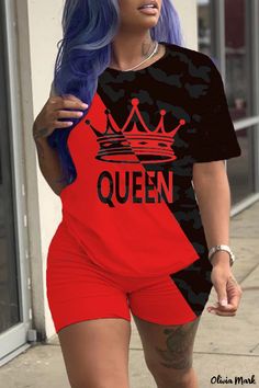 Olivia Mark - Stylish Womens O-Neck Short Sleeve Two-Piece Set in Black and Red Print - Perfect for Casual Wear