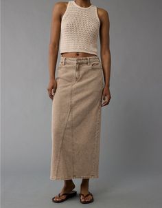 Fitted Mid-rise Cotton Skirt, Fitted Cotton Mid-rise Skirt, Stretch High Rise Cotton Skirt, High Rise Stretch Cotton Skirt, Chic Mid-rise Cotton Skirt, Casual Stretch Long Denim Skirt, Casual Long Stretch Denim Skirt, Mid-rise Cotton Relaxed Denim Skirt, Stretch Cotton Denim Skirt With Lining