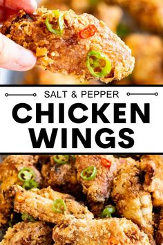 the chicken wings are being held up by someone's hand with text overlay that reads salt and pepper chicken wings