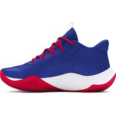 a blue and red basketball shoe on a white background