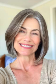 Classic Bob Wash and Wear Haircut on smiling woman over 50. Low Maintenance Haircut, Natural Wavy Hair, Organic Hair