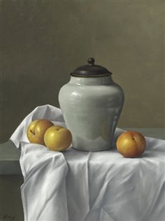 a painting of apples and a white vase on a table