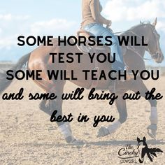 a woman riding on the back of a brown horse with a caption that reads, some horses will test you some will bring out the best in you