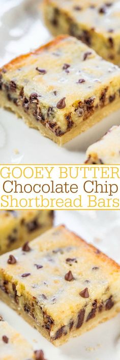 gooey butter chocolate chip shortbread bars on a plate with the words gooey butter chocolate chip shortbread bars