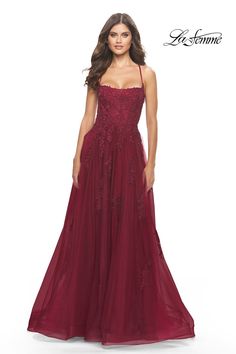 Indulge in ethereal beauty with the La Femme 31135 dress. This enchanting piece boasts an A-Line silhouette, delicate tulle material, square neckline, intricate embroidery, and a corset lace-up back for a perfect fit. Make unforgettable memories in pure elegance. Embroidered Prom Dress, Tulle Material, Plastic Dress, Satin Dress Long, Prom Ball Gown, Lace Formal Dress, Pure Elegance, Tulle Ball Gown, Corset Lace