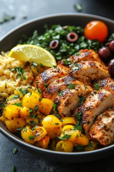 Grilled chicken bowl with cherry tomatoes, rice, and garnished with lemon and herbs. Meditterean Diet Recipes, Mediterranean Diet Recipes For Beginners, Diet Meal Ideas, Better Eating Habits, Dinners Under 500 Calories, Mediterranean Diet Recipes Dinners, Nourishing Meals, Mediterranean Diet Meal Plan, 2024 Recipes