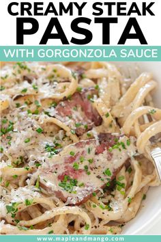 This creamy steak pasta recipe features tender pieces of steak and a decadent gorgonzola sauce that is SO GOOD you’ll be tempted to lick the plate! Whether you’re planning a cozy date night or just craving a rich and creamy pasta dinner, this steak and gorgonzola pasta is sure to hit the spot. | www.mapleandmango.com