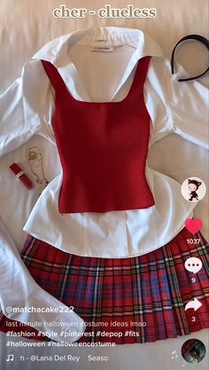 Y2k Plaid Skirt Outfits, Preppy Red Pleated Mini Skirt, Olivia Rodrigo Plaid Skirt, Red Grunge Mini Skirt, Red Plaid Skirt Outfit Grunge, Cher Clueless, Sixth Form Outfits, Sixth Form, Last Minute Halloween Costumes