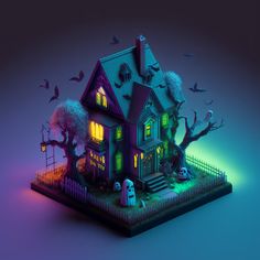 a house that is lit up with halloween decorations