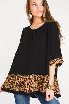 Linen Leopard Trim Tunic :: NEW ARRIVALS :: The Blue Door Boutique Black Tops With Frayed Hem For Fall, Black Tops With Frayed Hem For Spring, Black Ruffle Hem Tops For Fall, Blue Door, Black Tunic, Boutique Clothing, Classic Black, Cute Dresses, Bell Sleeve Top