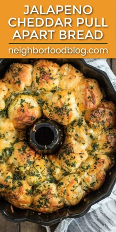 jalapeno cheddar pull apart bread in a cast iron skillet