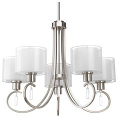 a chandelier with six lights and shades on the bottom one is off white