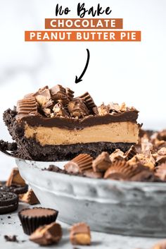 no bake chocolate peanut butter pie with text overlay