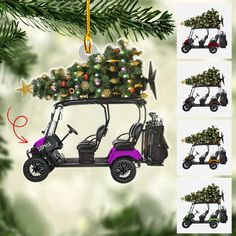 a golf cart ornament hanging from a christmas tree with ornaments on it's roof