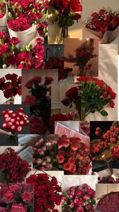 a collage of red roses and flowers in vases