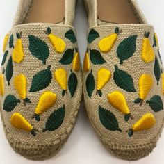 So Cute And Perfect For Summer! Castaner (Anthropologie) Brand New In Box / Never Worn Natural Canvas Espadrille With Embroidered Pears In Yellow And Green. Leather Detailing On Heel. Size 38 Yellow Round Toe Espadrilles For Spring, Yellow Closed Toe Espadrilles For Summer, Yellow Closed Toe Espadrilles For Vacation, Yellow Round Toe Espadrilles For Vacation, Casual Yellow Espadrilles For Summer, Yellow Casual Espadrilles For Beach, Casual Yellow Espadrilles For Beach, Castaner Espadrilles, Leather Detailing